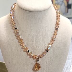 Vintage Faceted Bicone Rainbow Iridescent Glass Beaded Necklace Brown 20"